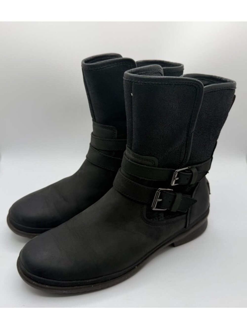 UGG Simmens Moto Boots Women Size 7.5 Black Leather Waterproof Mid-calf